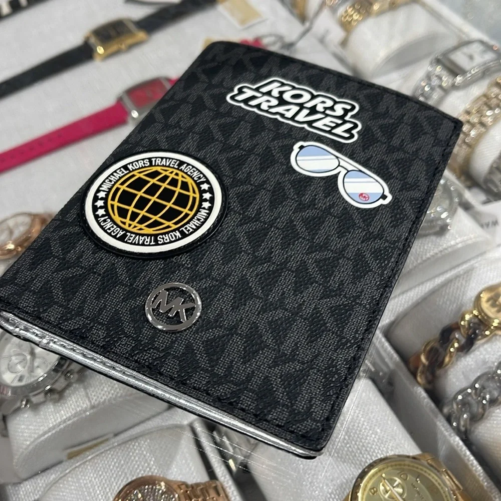 Michael Kors Jet Set Travel Md Embellished Signature Logo Passport Case Black